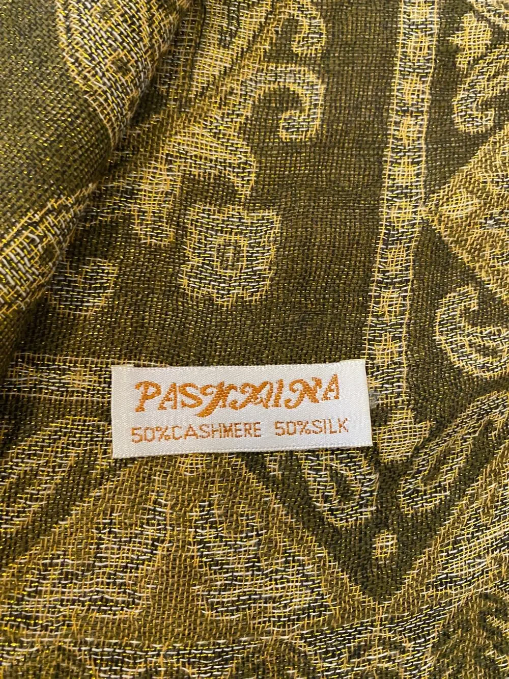 Cashmere Pashmina Olive Green Paisley Detail